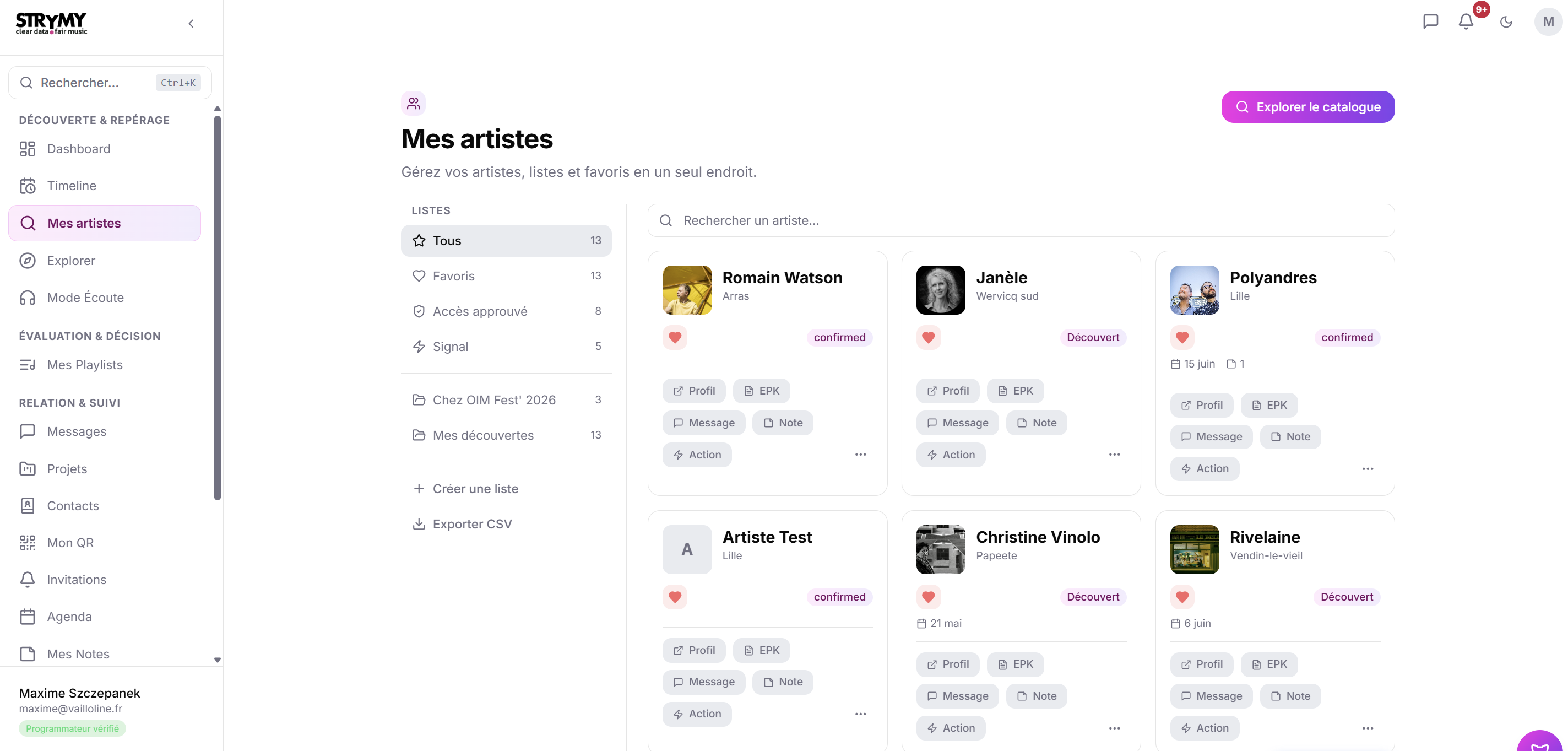 Dashboard pro Strymy : gestion des artistes