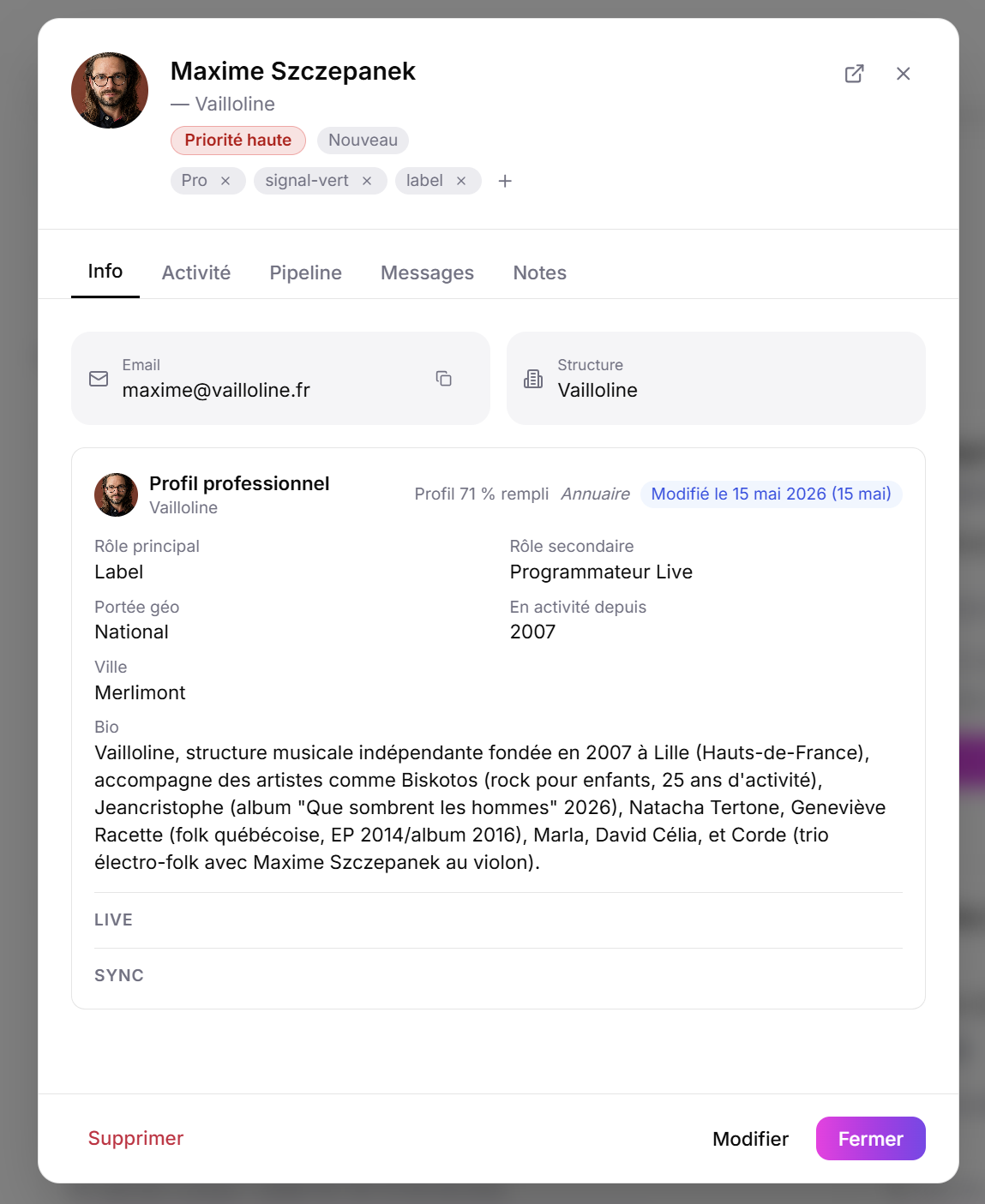 Fiche contact pro Strymy